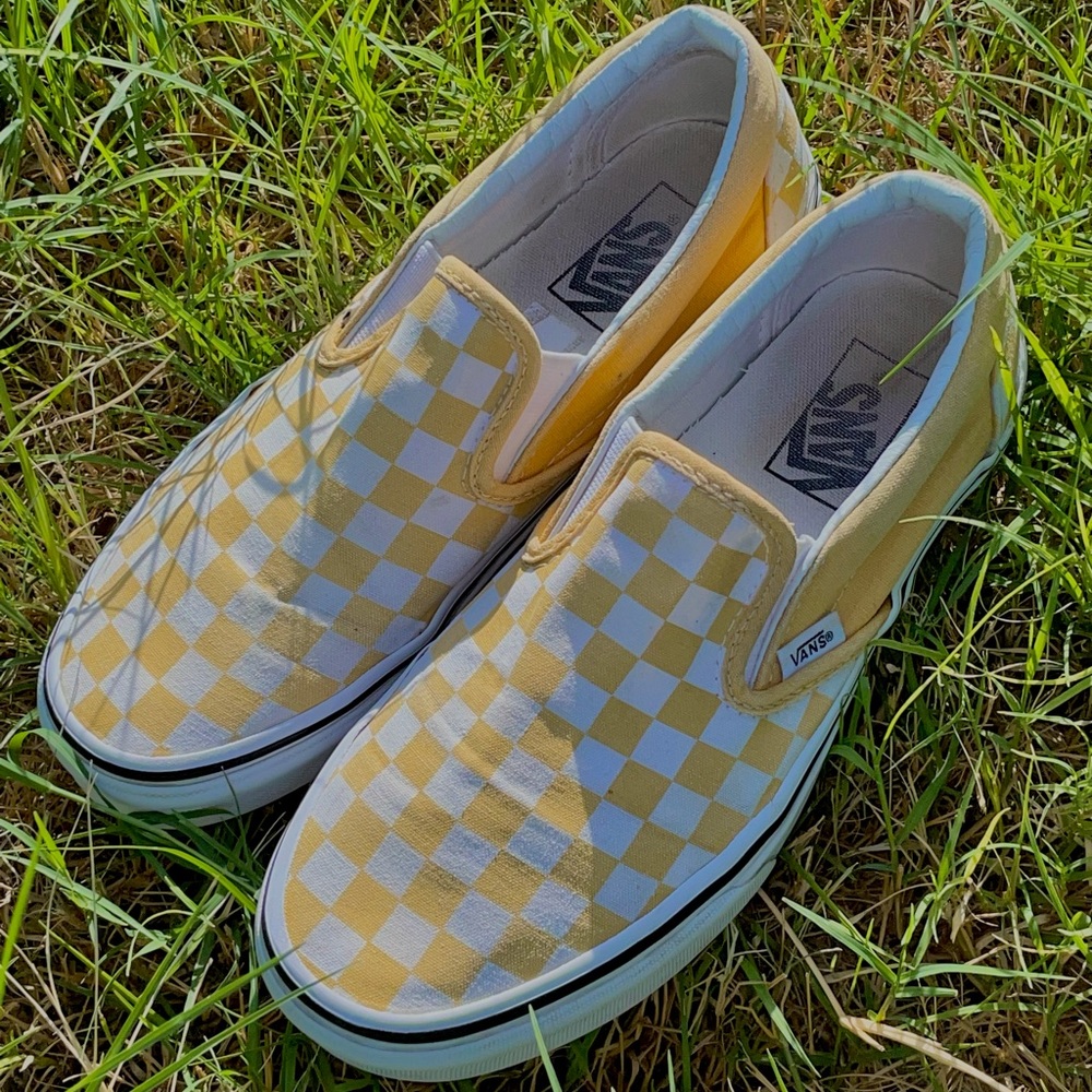 VANS yellow checkered slip ons